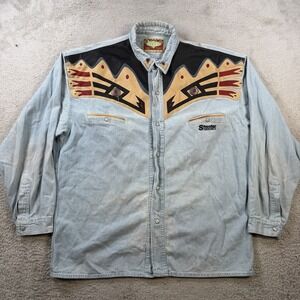 Vintage Shooter Shirt Mens XL Blue Denim Pearl Snap Yoke Western Aztec Cowboy